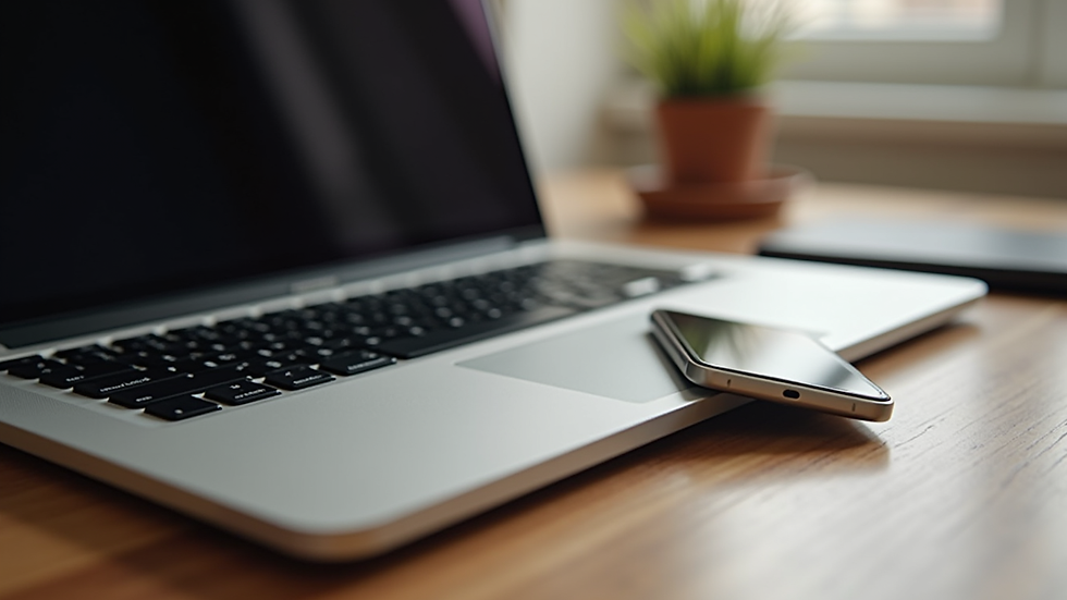Close-up view of a laptop and smartphone on a wooden desk