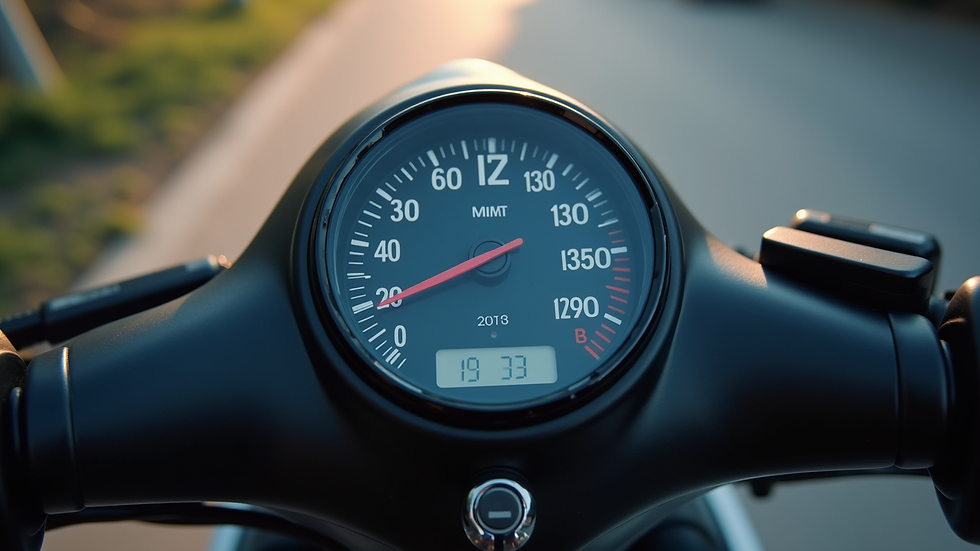 Close-up view of a scooter dashboard showing speed and battery level