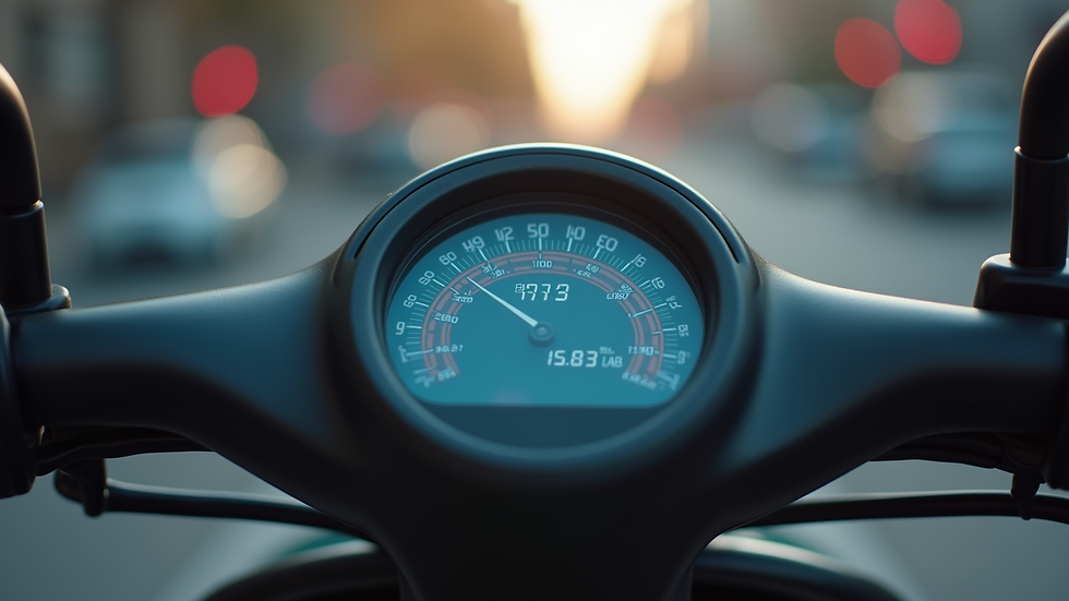 Close-up view of a scooter dashboard showing battery level and speed