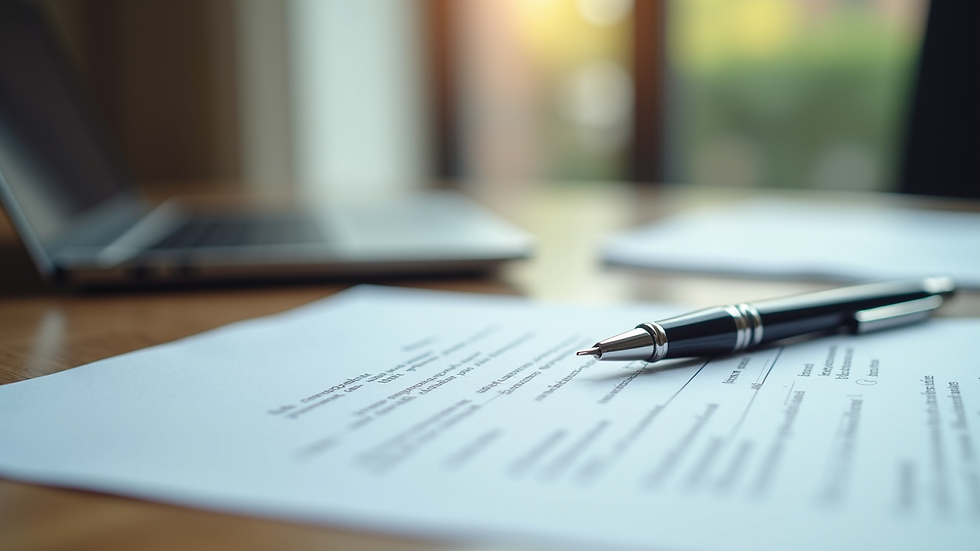Close-up view of legal documents and a pen on a desk
