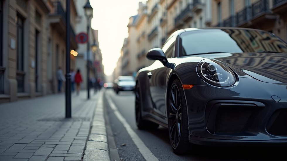 Eye-level view of a sleek car parked on a city street