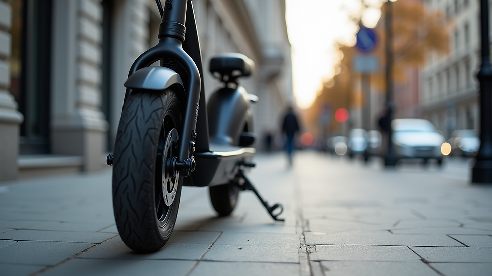 Close-up view of a modern electric scooter parked on a city sidewalk