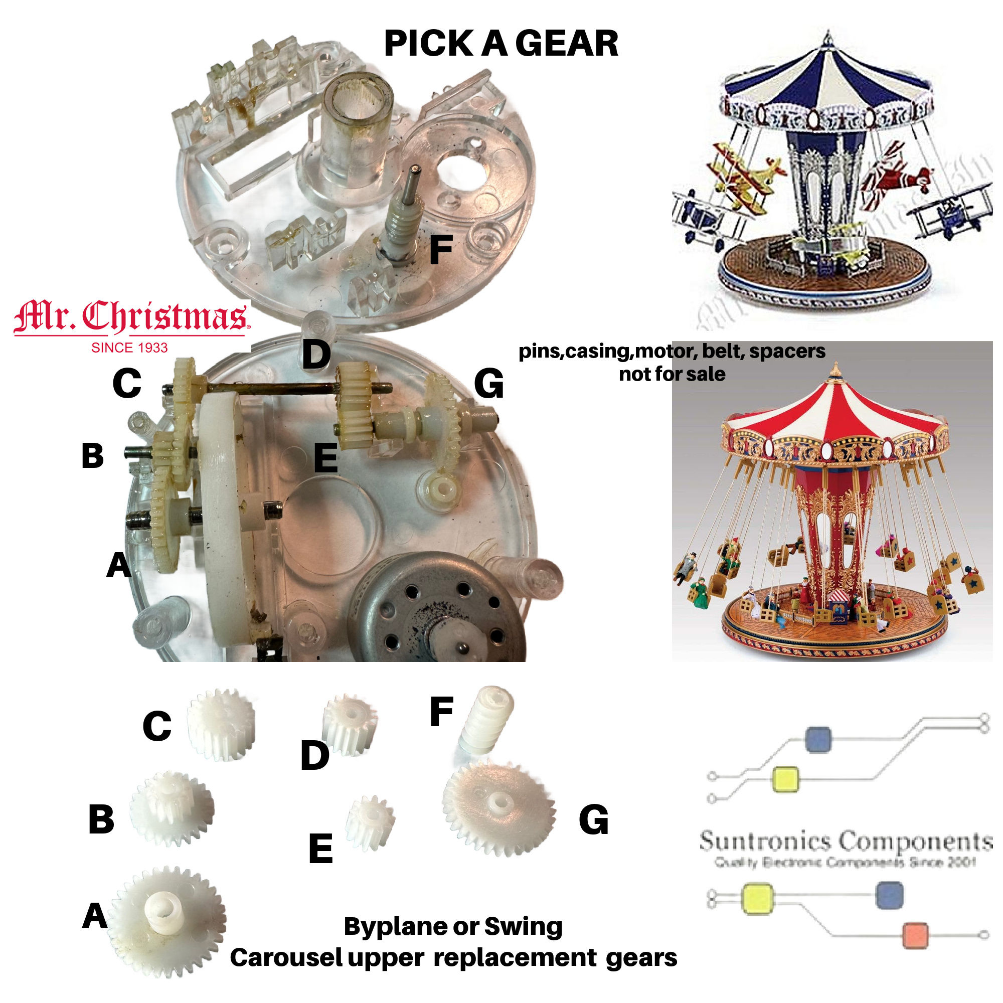Mr Christmas Byplane or Swing Carousel Upper gear box pick a gear