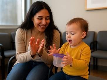 Mom and child tapping a beat in waiting room