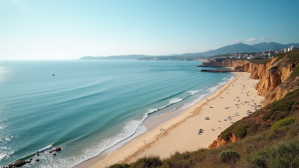 High angle view of Praia do Porto de Mós with calm waters and sandy shore