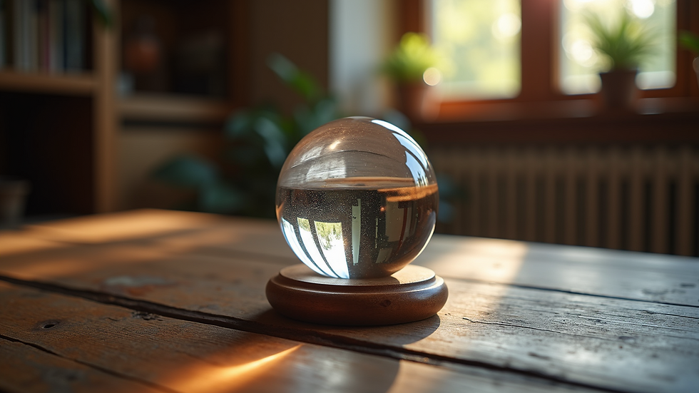 Close-up view of a crystal ball on a wooden table in a spiritual setting