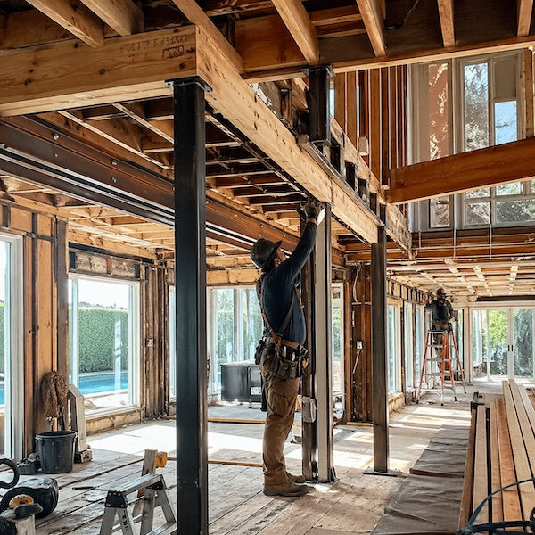 Workers performing interior renovations with exposed beams