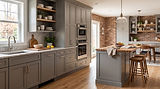 Modern kitchen with gray shaker cabinets and brick accent wall
