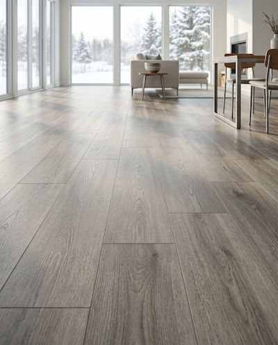 Bright room with light wood floor and snowy view