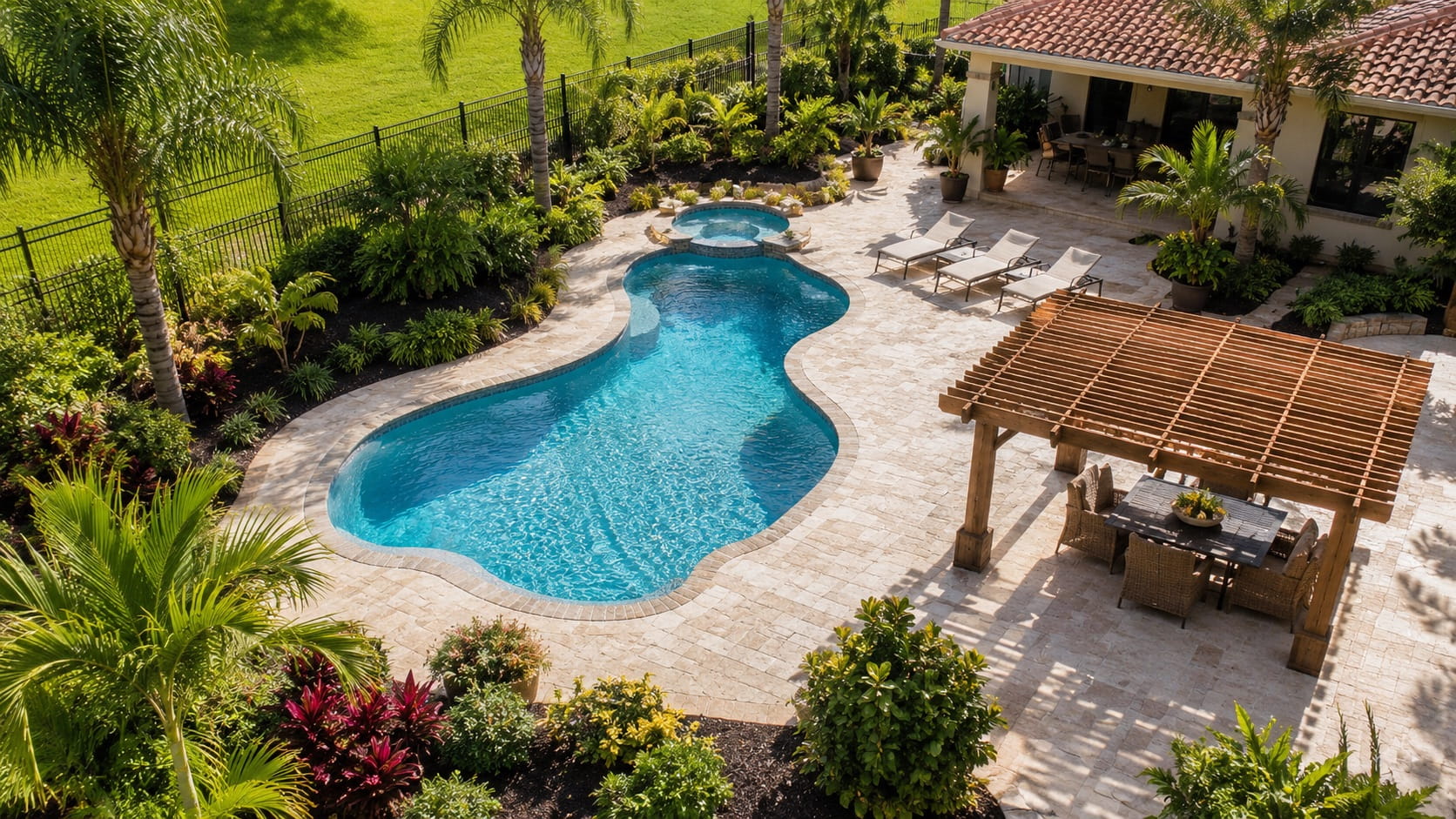 Aerial view of a freeform fiberglass pool with a pergola and lush landscaping