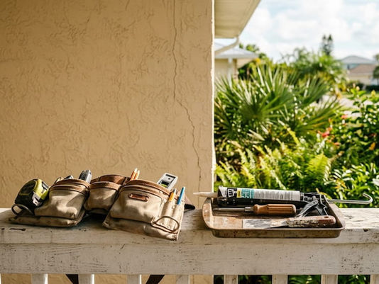 Tool pouches and a caulk gun on a porch railing, with lush garden and houses in the sunny background.