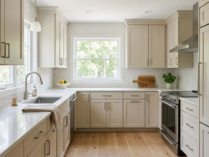Bright modern beige kitchen with white countertops, stainless oven, large window, sink, and small plants on the counter