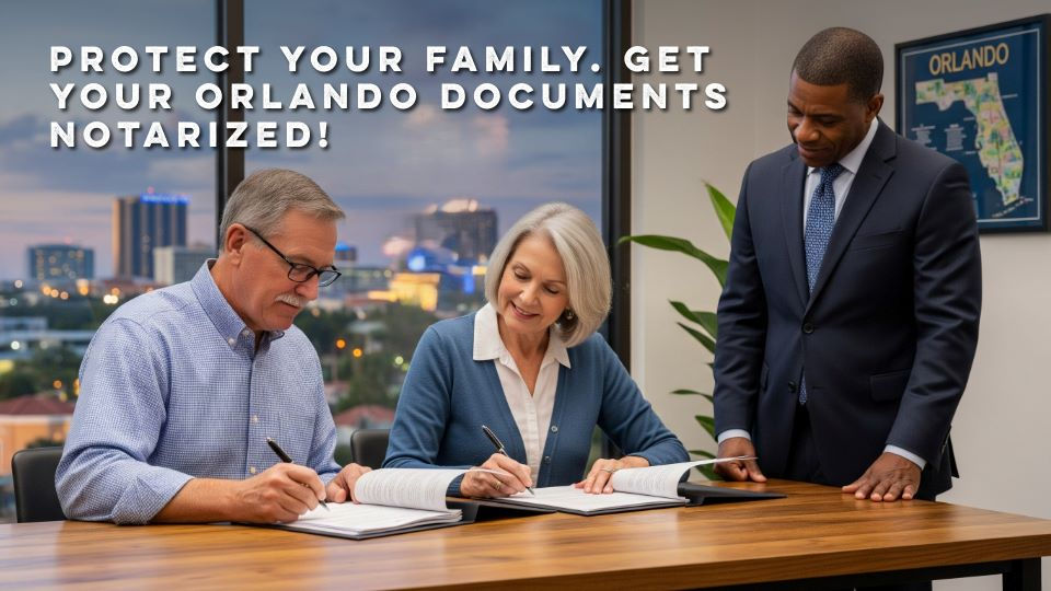 Three people in an office, two seated and signing documents, one standing and observing. Text: Protect your family, Orlando documents.
