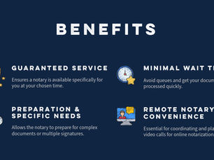 Blue background with "Benefits" at top. Four sections: Guaranteed Service, Minimal Wait Times, Preparation Needs, Remote Notary Convenience.