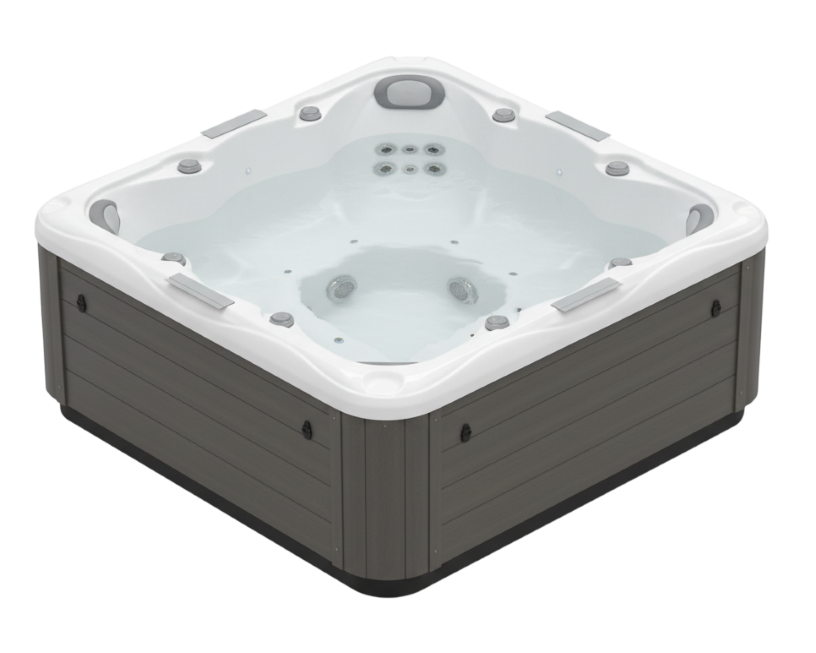 Square hot tub, gray cabinet, white shell with FrogStop product attached on each side.