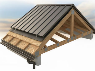 Cross-section of a gable roof showing black metal roofing, wood frame, and insulation over a sky background. No text visible.
