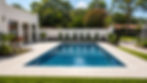 Rectangular swimming pool in a landscaped backyard