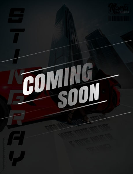 Coming Soon text with red car and city background design cvlt