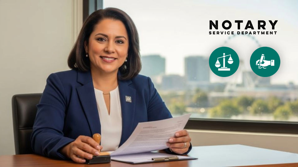 Smiling woman in a blue blazer holds a document at a desk, Orlando cityscape with Ferris wheel in the window. Bright and professional setting of public notary.