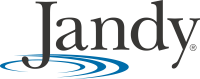 Jandy logo, stylized dark gray text with blue water ripples underneath.