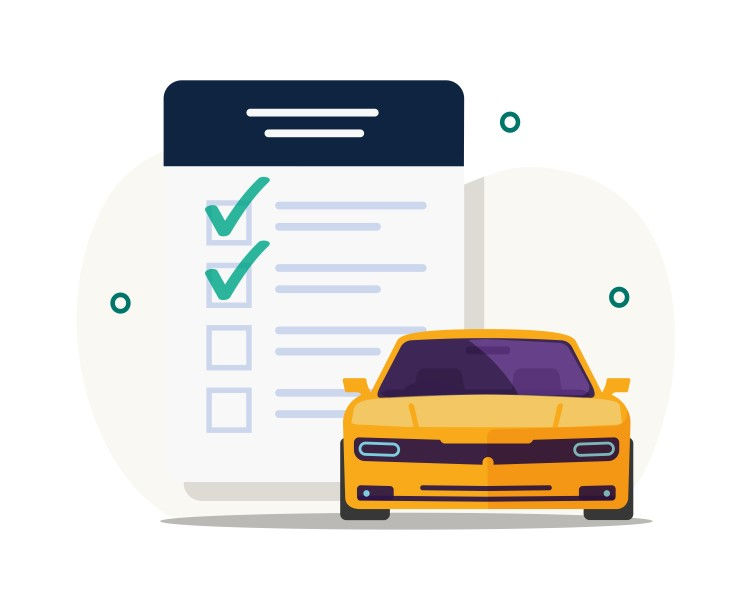 Yellow car in front of a checklist with green check marks on a white background, suggesting task completion or approval.