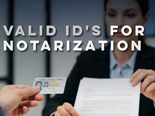 Person holds a Florida driver's license, while another person, in a suit, handles documents. Text: "VALID ID'S FOR NOTARIZATION."