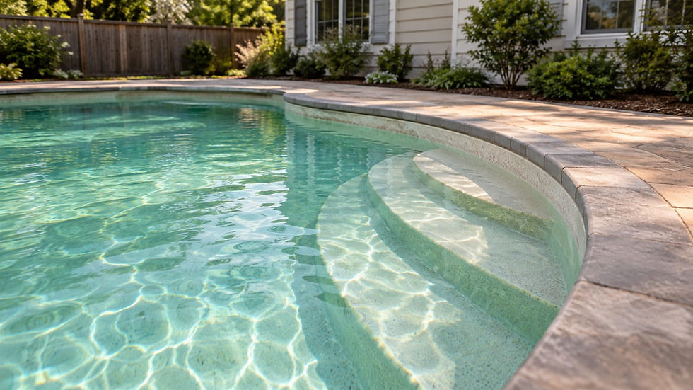 Backyard inspiration: curved submerged pool steps and a pale interior surface beneath clear aquamarine water.