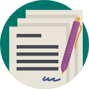 Icon of stacked papers with lines, a purple pen on top. Teal circular background gives a professional and organized feel. No text visible.