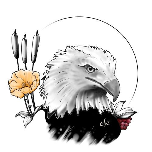 Bald eagle artwork with a flower, cattails, and Design Cvlt logo in background.