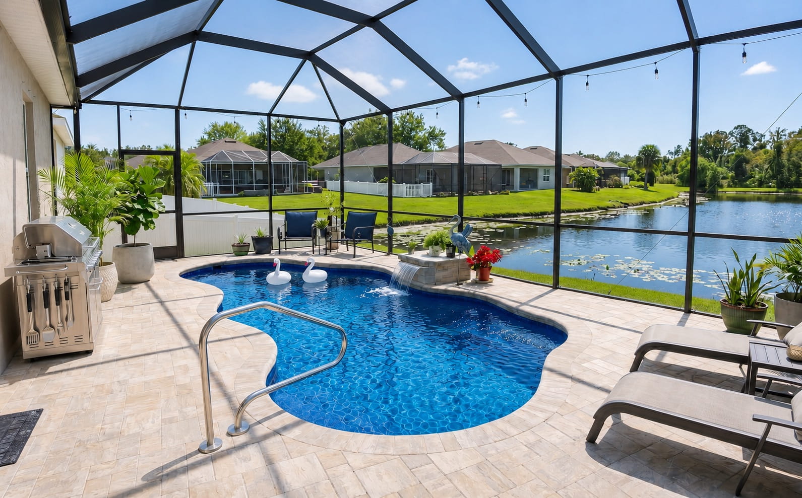 Freeform fiberglass pool inside a screened enclosure overlooking a lake