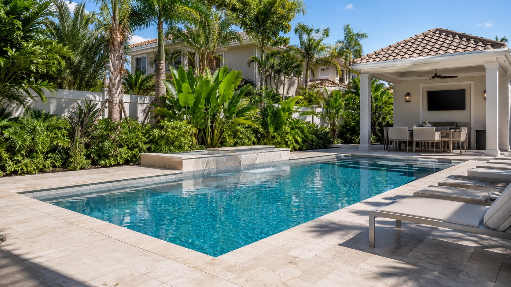 Rectangular fiberglass pool with a sun shelf next to a cabana