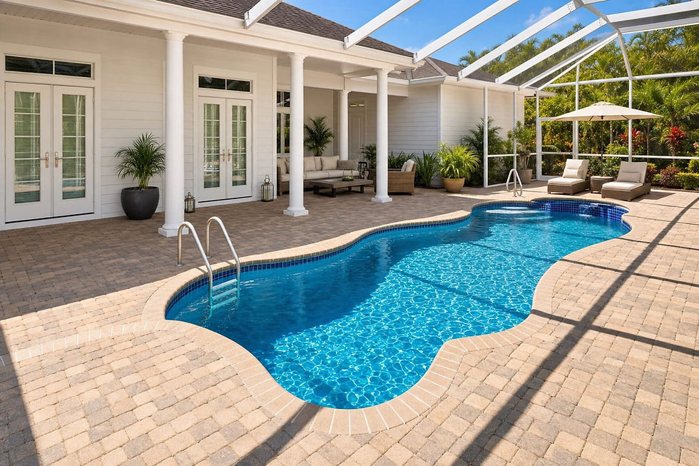 Finished freeform pool with a paver deck under a screen enclosure