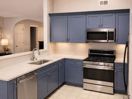 Modern kitchen with blue cabinets and stainless appliances