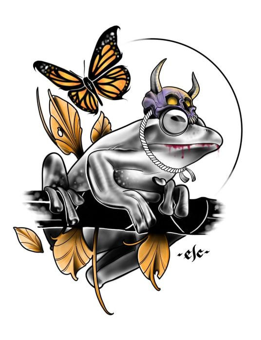 A frog wearing spectacles and a horned helmet sits near a butterfly artwork Design Cvlt