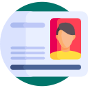 An illustrated ID card with a person's silhouette wearing a yellow shirt on a red background. Blue and white text lines are visible.