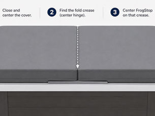 Instruction graphic showing a gray hot tub cover centered on its fold crease, with steps 1-3 text above.
