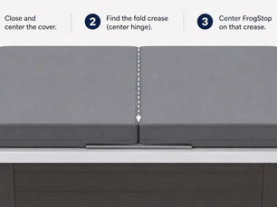 Instruction graphic showing a gray hot tub cover centered on its fold crease, with steps 1-3 text above.
