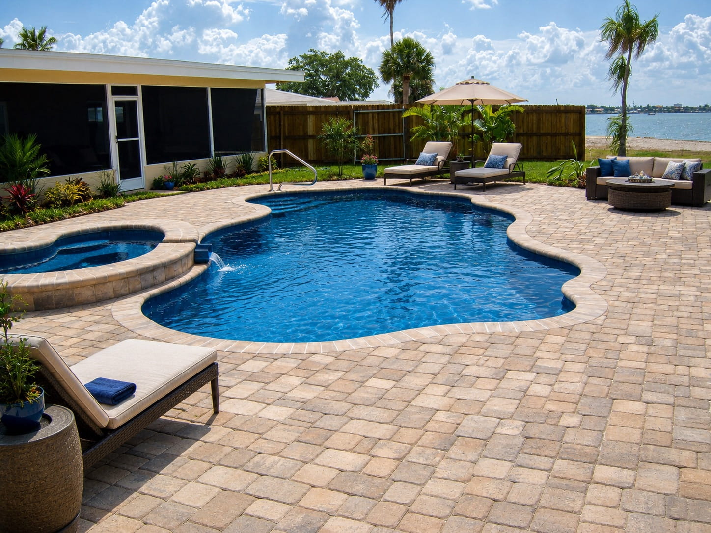 Freeform fiberglass pool with attached spa on a paver deck