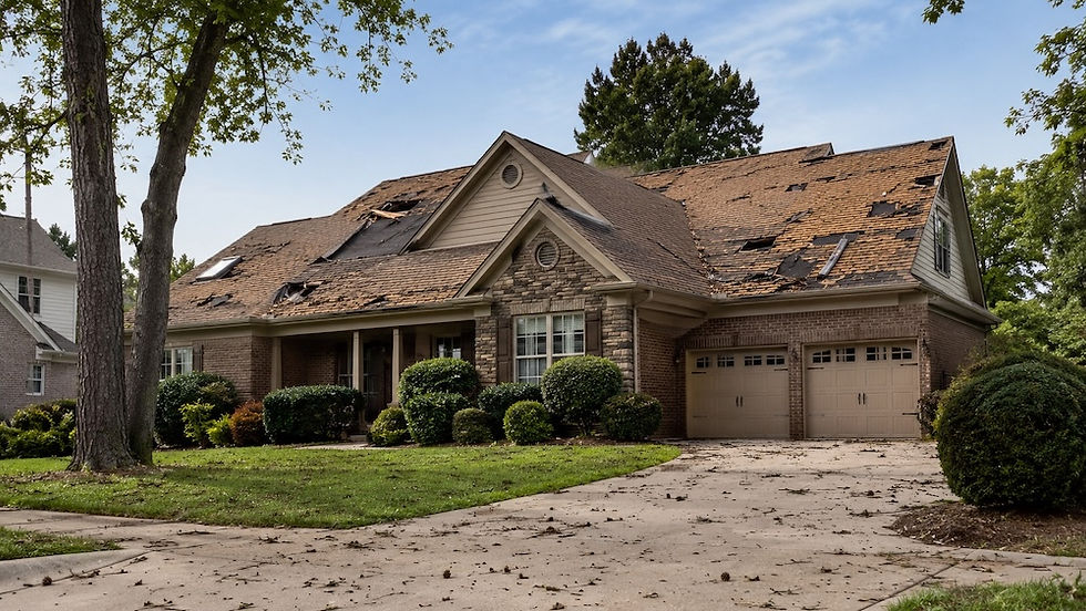 Brick house with a severely damaged roof, missing shingles. Overcast sky, lush green yard with trees and bushes. Calm suburban setting.