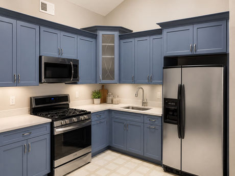 Modern kitchen with blue cabinets and stainless appliances