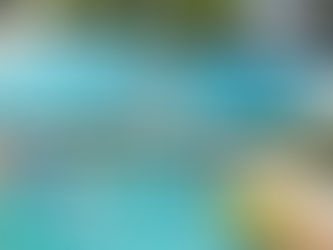 Woman swimming in a sunny pool, surrounded by plants. Hand dropping a chlorine tablet into the pool, yellow bucket labeled "Chlorine Tablets."