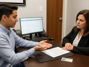 Man and woman in office discussion; man gestures with hands over papers on desk. Computer in background. An ID card is visible.