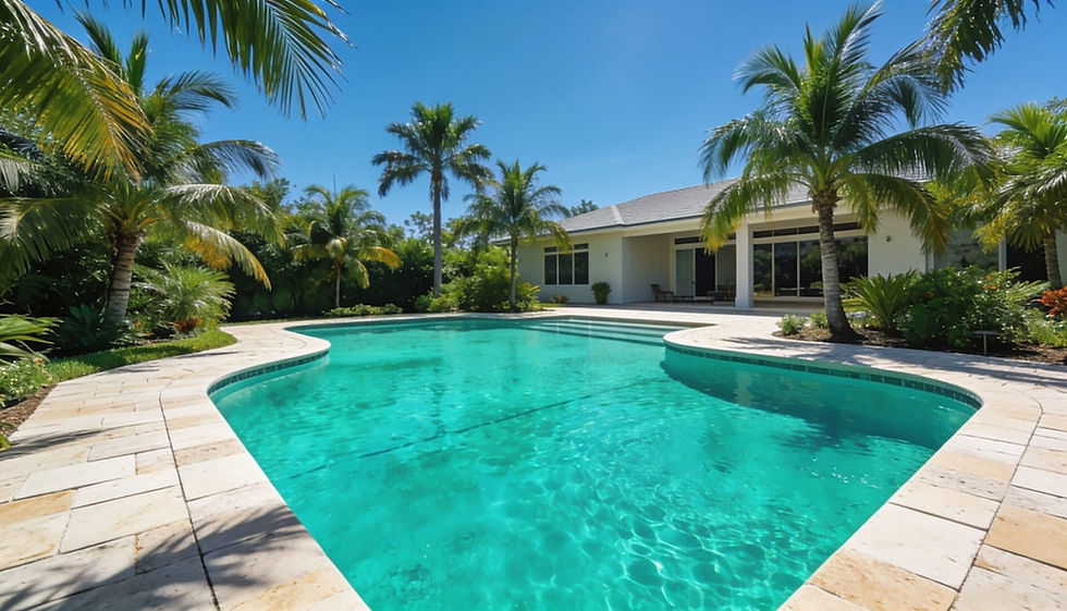 Tropical backyard with turquoise swimming pool, palm trees, and modern house under a bright blue sky.