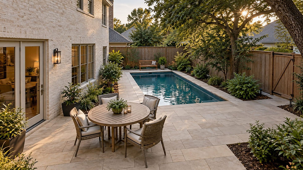 Backyard inspiration: compact rectangular pool with a paver dining patio and clear walking space beside a light-brick home.