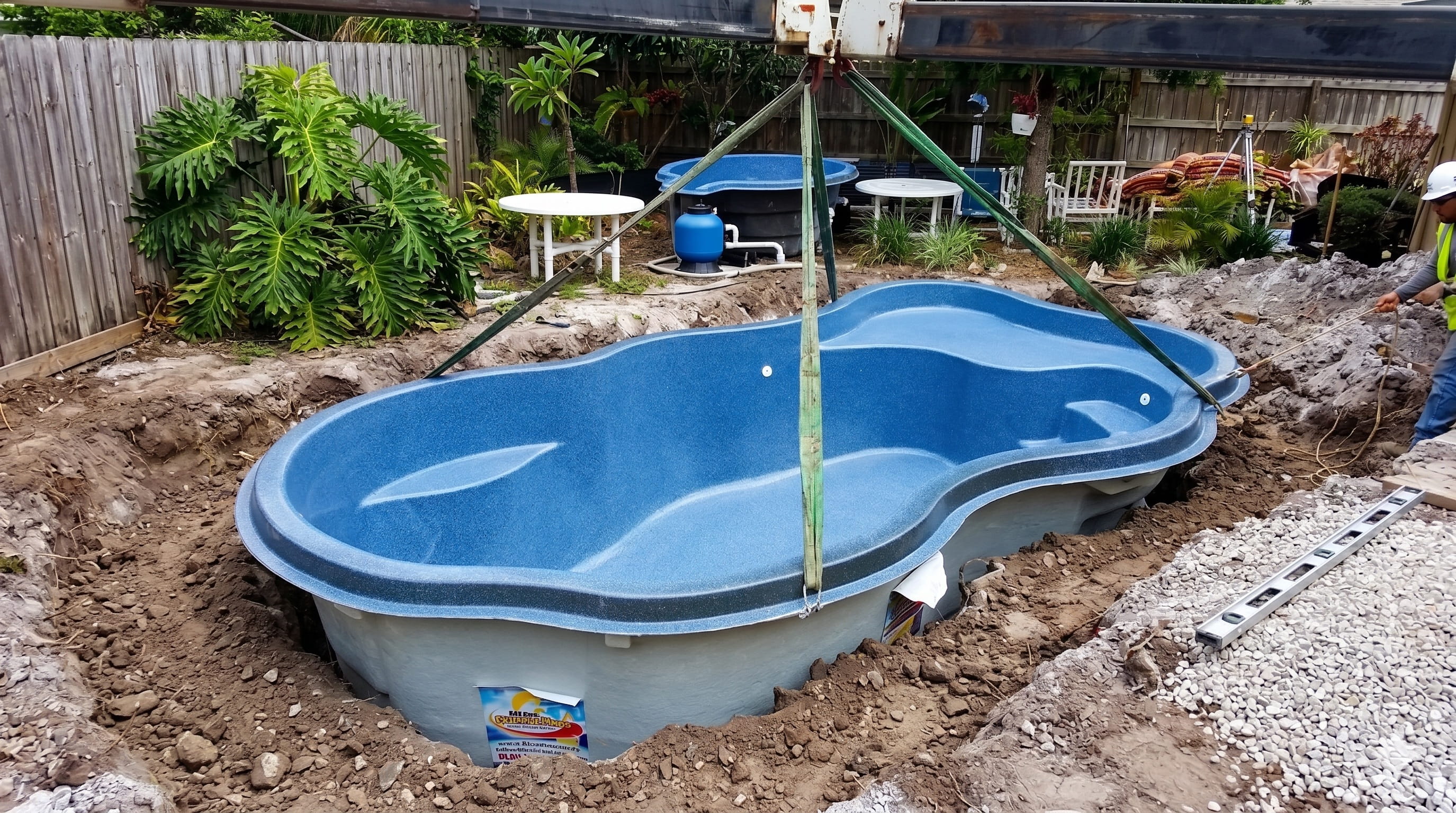 Fiberglass pool shell set in the excavation during installation