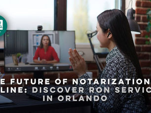 Woman video chatting on a computer in an office. Text: "The future of notarization is online: Discover RON services in Orlando."