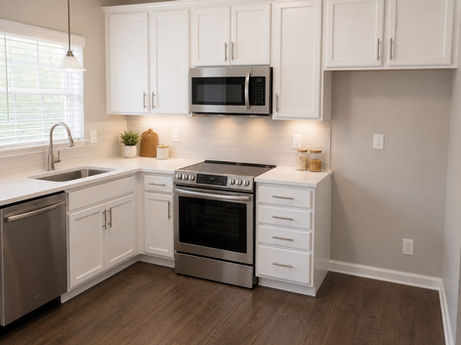 Modern kitchen with white cabinets and stainless appliances