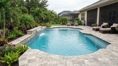 Beautiful backyard swimming pool with waterfall, lush landscaping, and patio chairs.