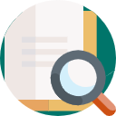 Magnifying glass over a document with blurred text, set against a teal circle background. The mood is investigative and focused.