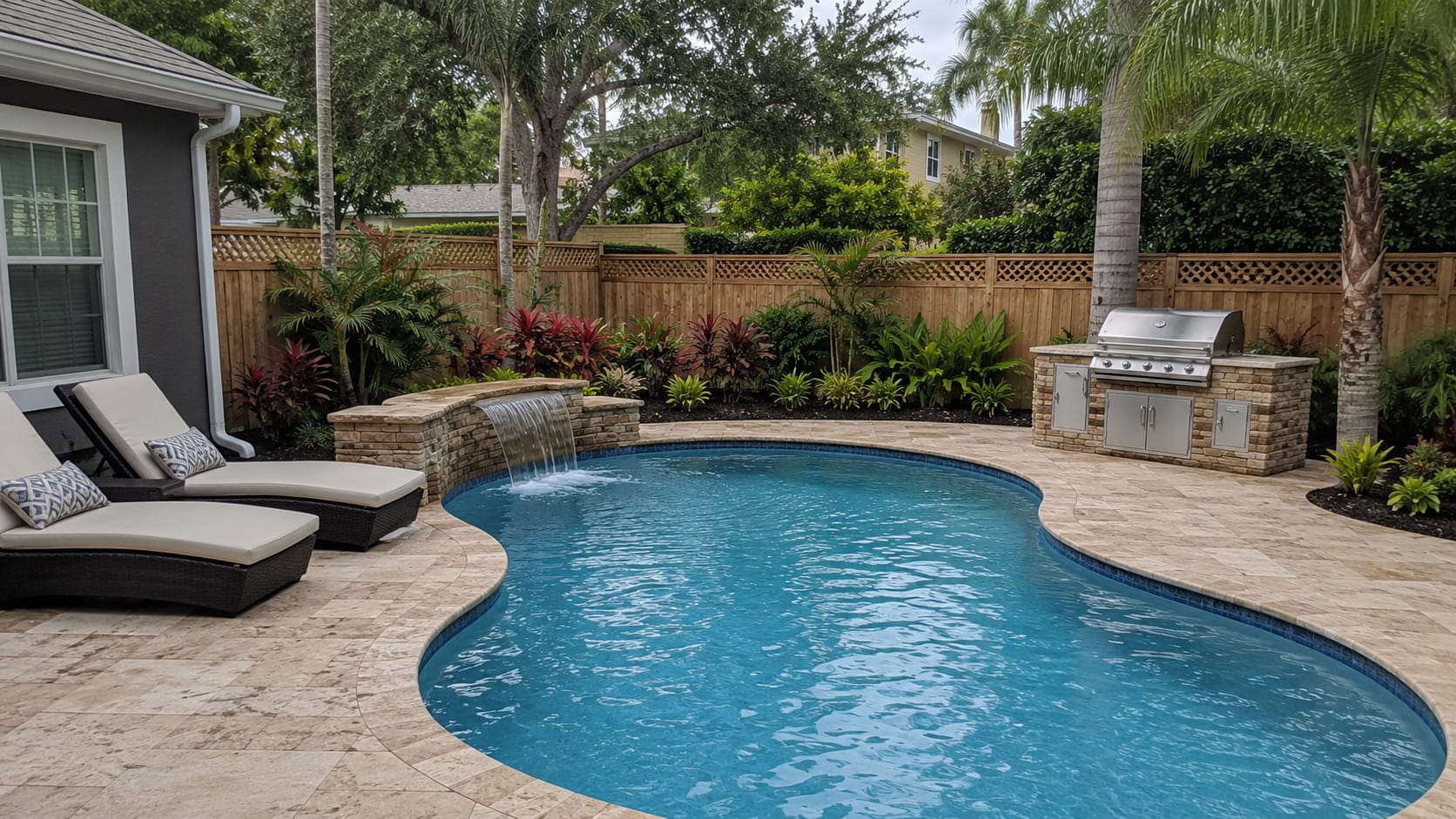 Freeform fiberglass pool with lounge chairs and an outdoor kitchen